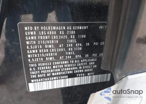 2013 Volkswagen Tiguan S from USA, damaged, VIN WVGAV7AX3DW513686